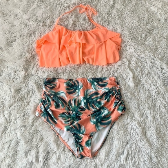 Nwot Peach Palm Tree High Waist Halter Ruffle Bikini - Picture 3 of 13